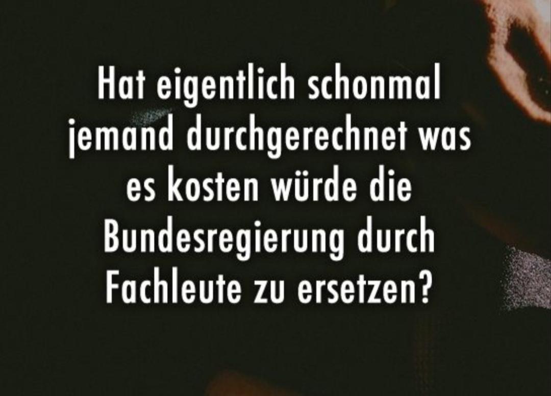 Netzfund 
Text-Bild 

"Hat eigentlich schonmal jemand durchgerechnet,
was es kosten würde,
die Bundesregierung durch 
Fachleute zu ersetzen?"