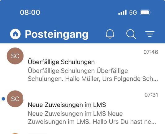 Screenshot Mailbox
Zwei Mails vom Learning Management System.
Erste Mail um 7:31 Uhr, eine neue Zuweisung einer Ausbildung ist fällig.
Zweite Mail um 7:46 Uhr, Ihre Schulung ist überfällig.