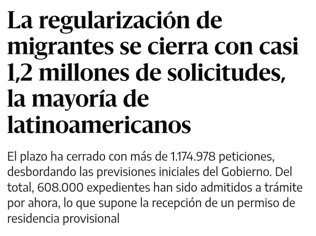 Titular ElDiario: "La regularización de migrantes se cierra con casi 1,2 millones de solicitudes, la mayoría de latinoamericanos".