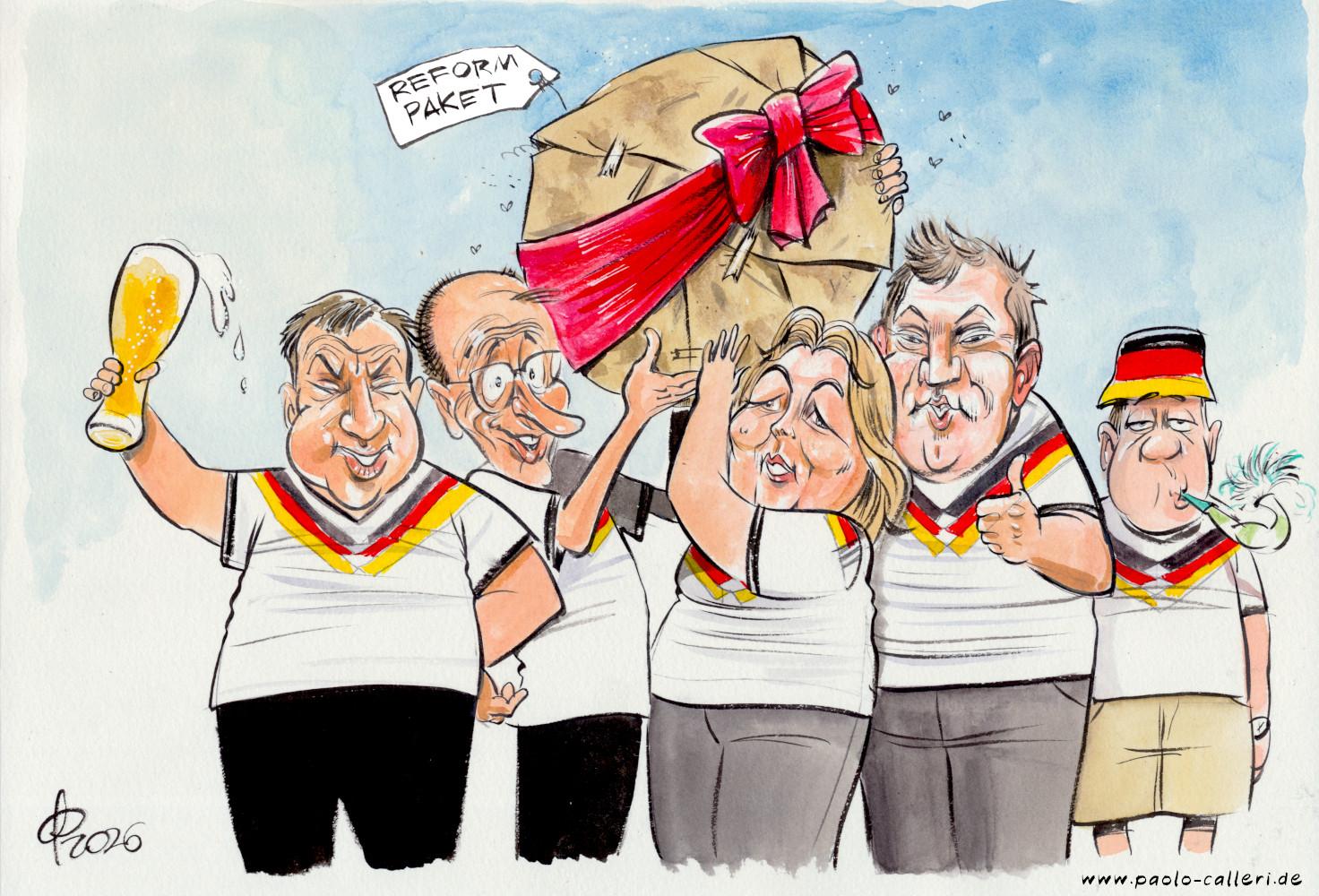 Karikatur "Doch noch ein Sommermärchen?" aus dem Jahr 2026. Söder, Merz, Bas und Klingbeil freuen sich über ein zur Kugel geformtes Paket, das mit einer roten Schlaufe versehen ist. Ein Zettel hängt an dem runden Karton, darauf zu lesen: Reformpaket. Alle tragen sie das W M Trikot der deutschen Nationalmannschaft. Söder schwenkt zudem ein Weißbierglas. Am rechten Bildrand steht eine Person, die wenig enthusiastisch in eine Partytröte bläst. Auch sie trägt ein Deutschlandshirt und eine Mütze in den Deutschlandfarben.