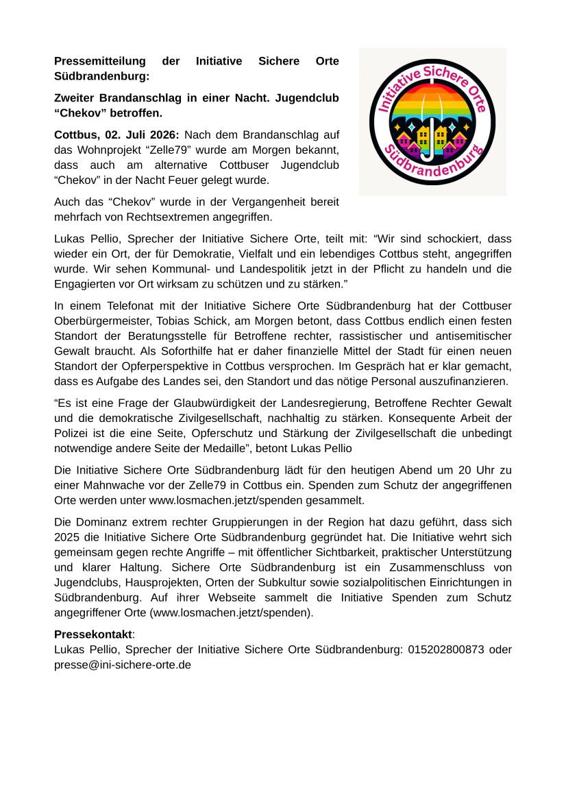 Zweite Mitteilung der Initiative Sichere Orte Südbrandenburg, die überschrieben ist mit: Zweiter Brandanschlag in einer Nacht, Jugendclub "Chekov" betroffen.