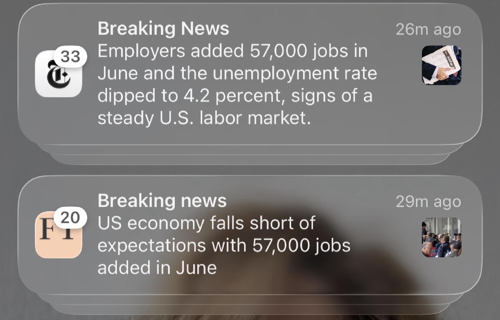 New York Times Breaking News notification: Employers added 57,000 jobs in June and the unemployment rate dipped to 4.2 percent, signs of a steady U.S. labor market. Financial Times Breaking news notification: US economy falls short of expectations with 57,000 jobs added in June