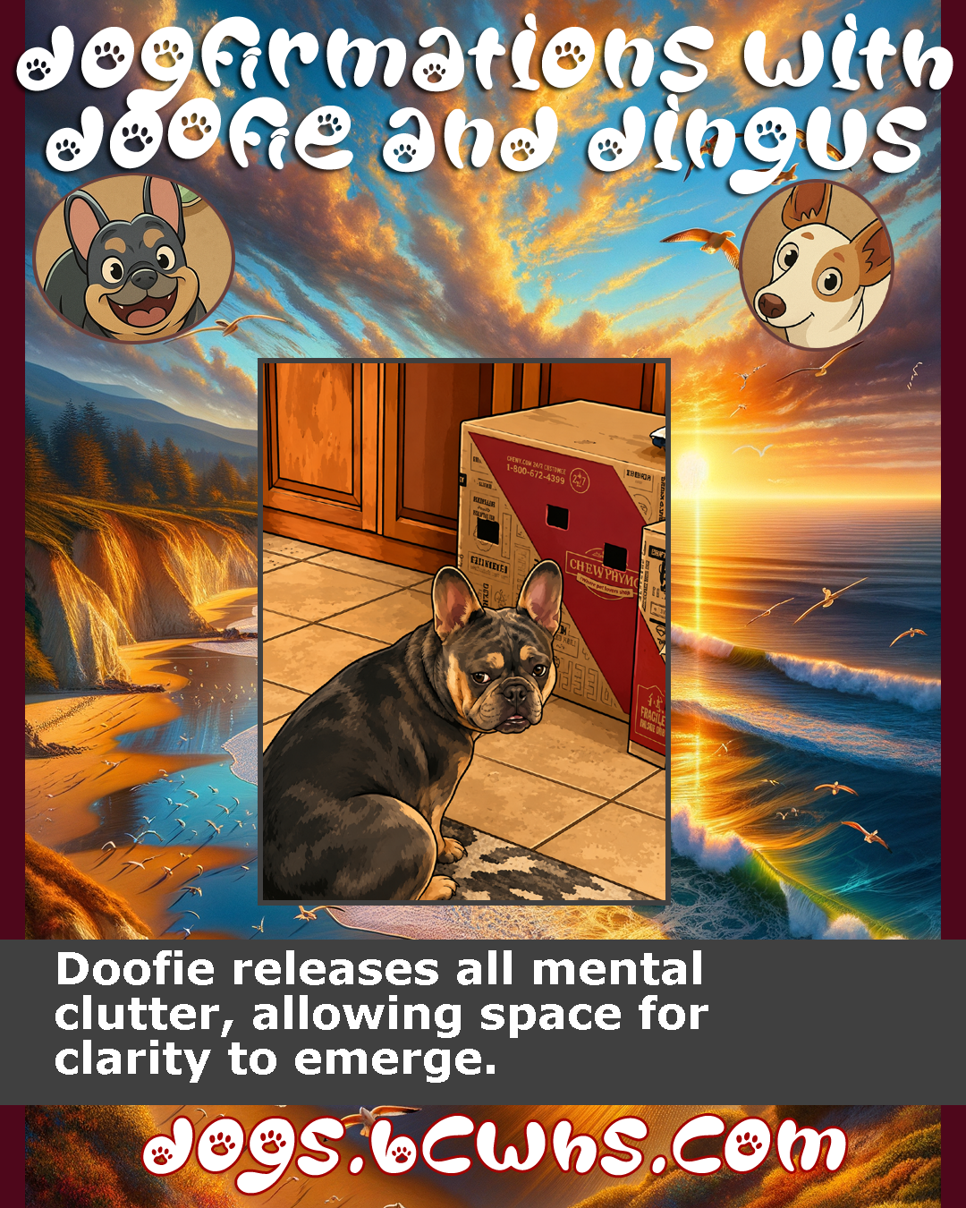 Dogfirmations with Doofie and Dingus: Clarity
 
Doofie releases all mental clutter, allowing space for clarity to emerge.