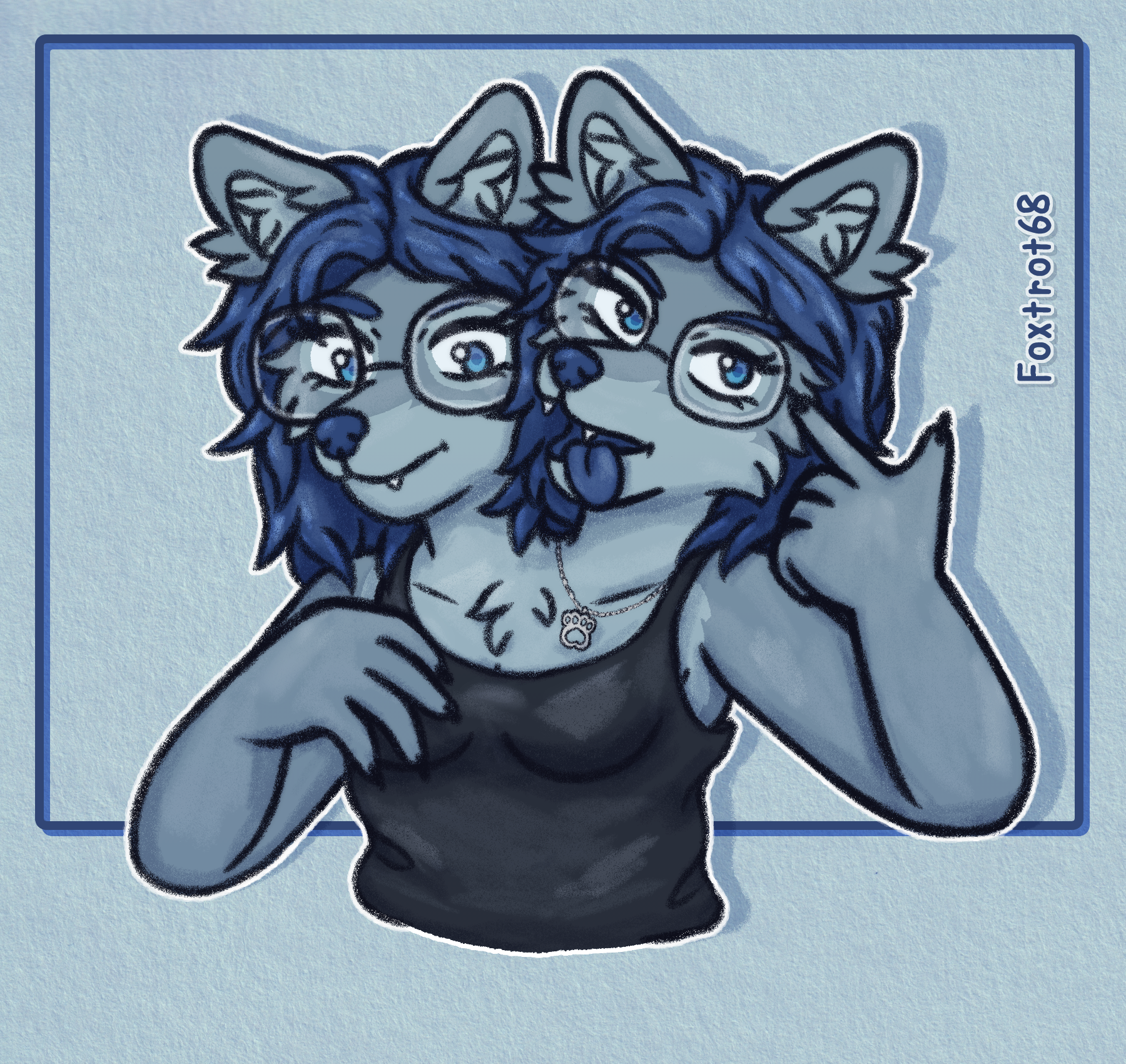 A clean and shaded sketch of Julia, two headed blue wolf girl. She's pointing a finger gun at her left head (viewer's right) and going "blegh" with her tongue hanging out and head tilting to the side slightly with a side-eye. her right head is looking tired and or upset staring at nothing in front of her. her hand is raised close to her chest resting autistically. she's wearing glasses on both heads and a silver paw necklace around the left neck and a black tank top. the background has a blue paper texture and two rounded dark blue rectangles framing her. our watermark is on the right inside the rectangles.