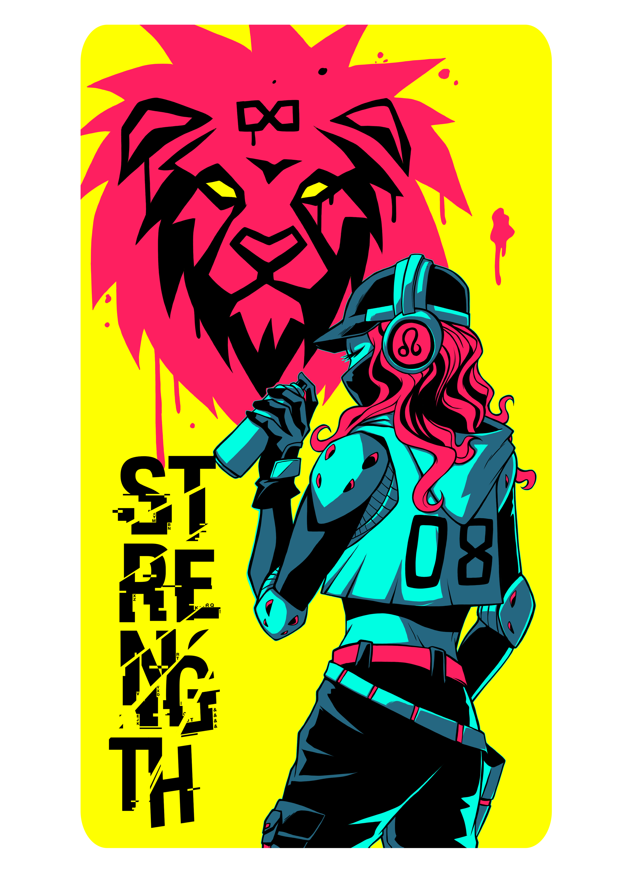 A woman with bright pink hair, headphones, and a ball cap stands in profile in front of a graffiti lion as she spray paints the final details on. She wears a hooded sleeveless crop top and has shoulder and elbow pads over long black sleeves and heavy gloves. The crop top has a large number eight on the back of it and her headphones show the astrological symbol for Leo.
