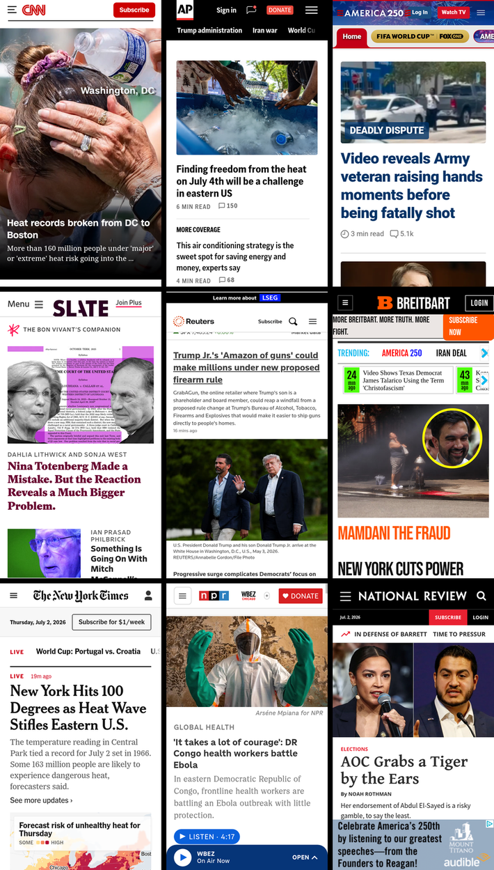 A 3x3 grid of the mobile front pages of CNN, AP News, Fox News, Slate, Reuters, Breitbart, New York Times, NPR, and National Review. The screenshots were taken on July 2nd, 2026, at about 7:31 PM ET.