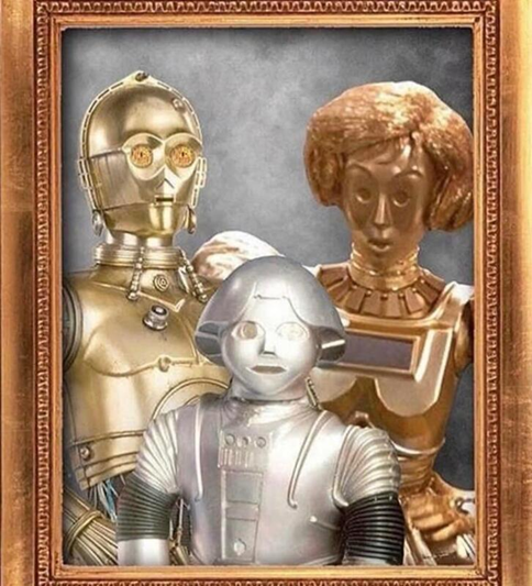 Family portrait with C-3PO (Star Wars), Dot Matrix (Spaceballs), and Twiki (Buck Rogers).
