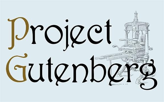 The Project Gutenberg logo, featuring the organization's name in a decorative medieval-style typeface with gold and black lettering, alongside a detailed engraving of a historical printing press on a pale blue background.