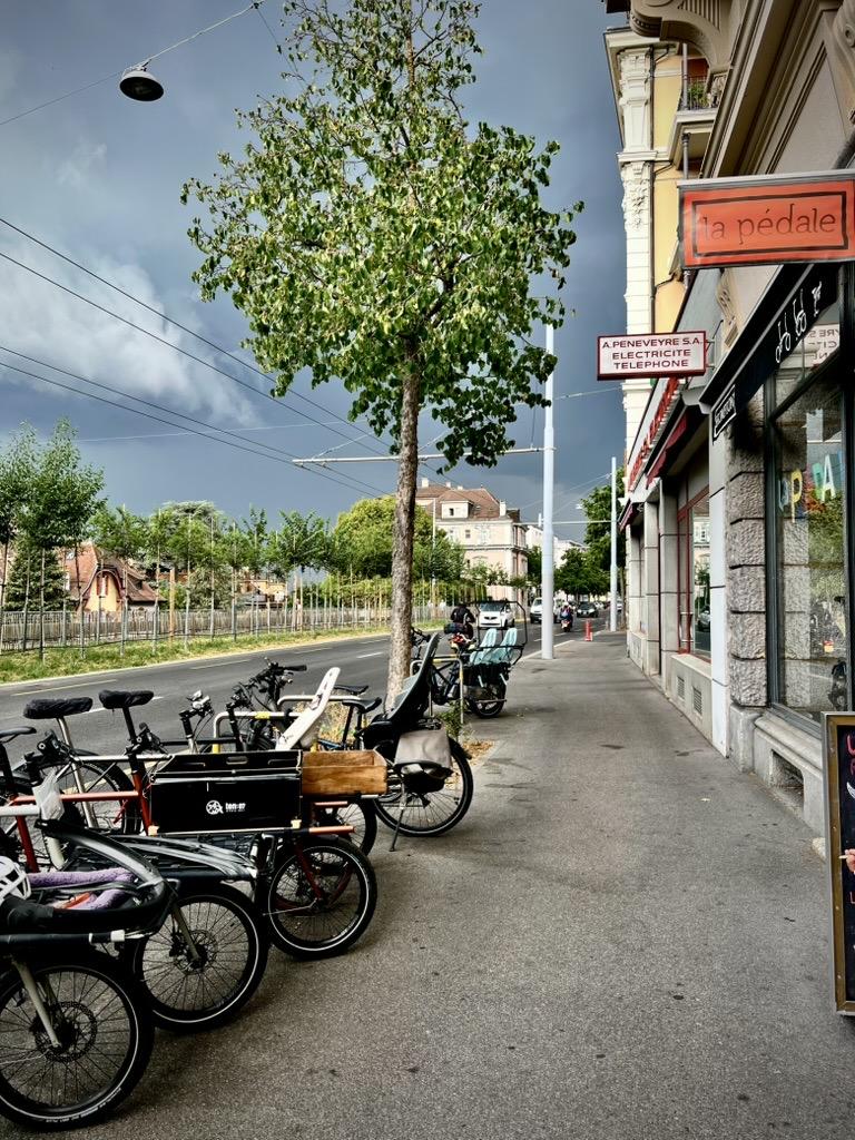 ‎⁨Lausanne⁩, ⁨Canton of Vaud⁩, ⁨Switzerland⁩

Several bicycles and cargo bikes are parked along a wide city sidewalk in front of a storefront with signs for "la pédale" and an electrical shop. A leafy green tree stands beside the parallel roadway, while an extremely dark, dramatic storm sky looms overhead in the background.