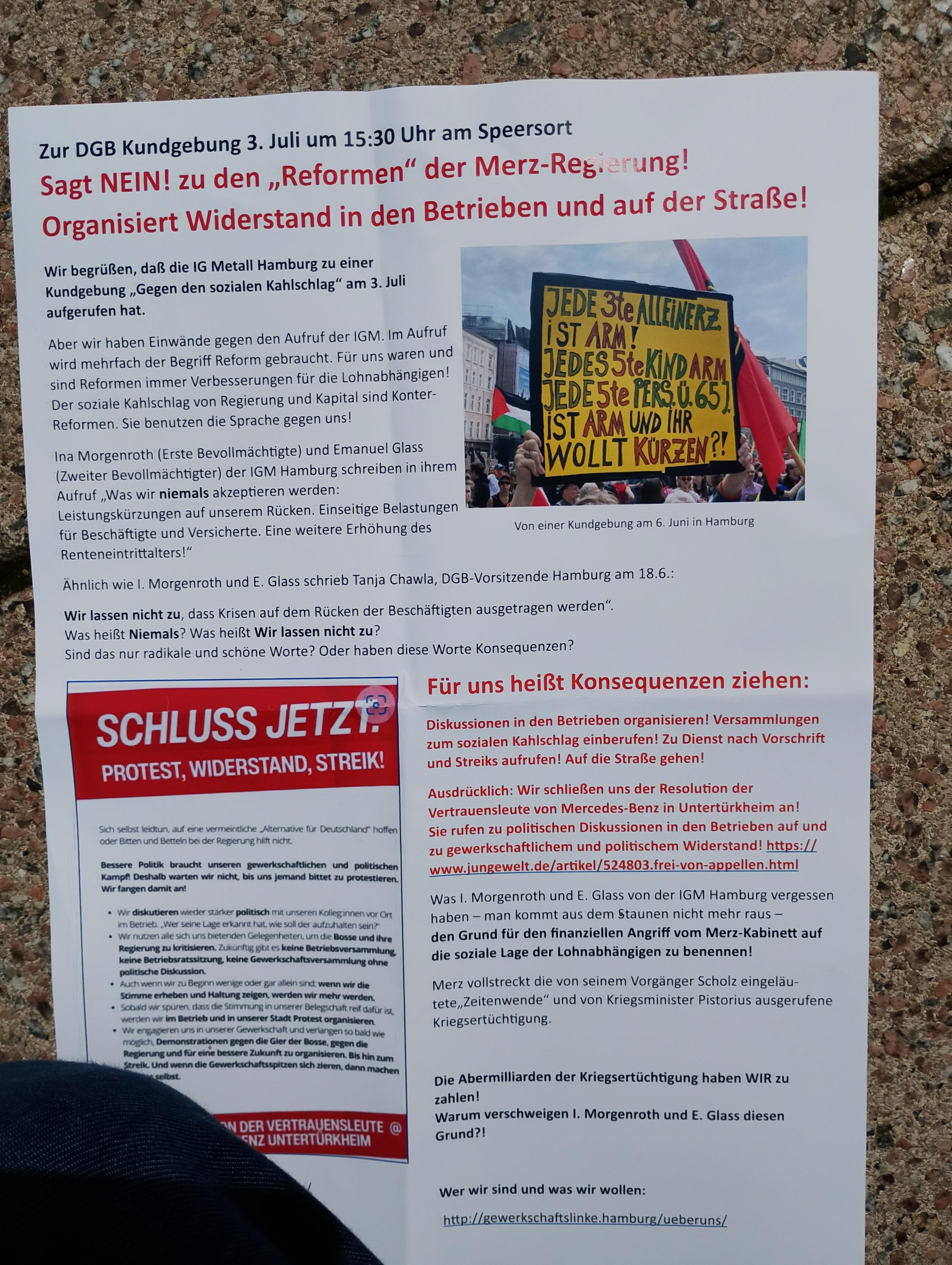 Infoflyer der DGB zur Kundgebung mit Foto von meinem Demoschild von Juni