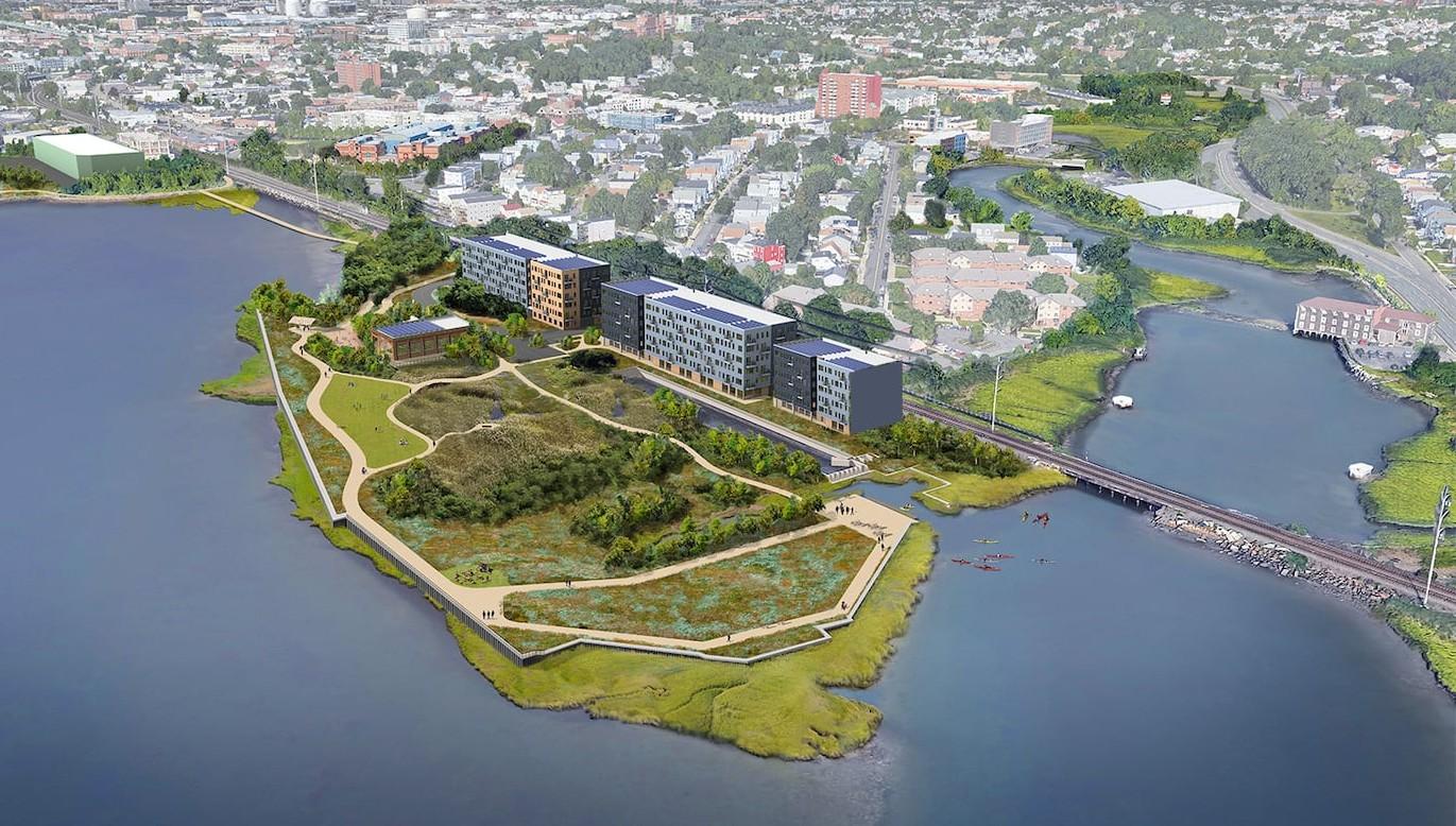 Conceptual illustration from the air of a coastal piece of land, wrapped on two sides by saltwater, with two large residential buildings and a wealth of greenery and pathways. Proposal for Chelsea Creek Sanctuary in Chelsea, MA.