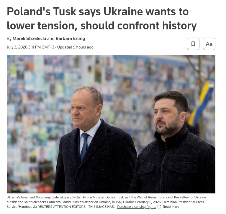 Ukraine is looking for ways to lower tension with Warsaw, Polands prime minister said on Friday, adding that Polands neighbour to the east should come to terms with its history to join the European Union. #Russia #EU #Poland #Tusk