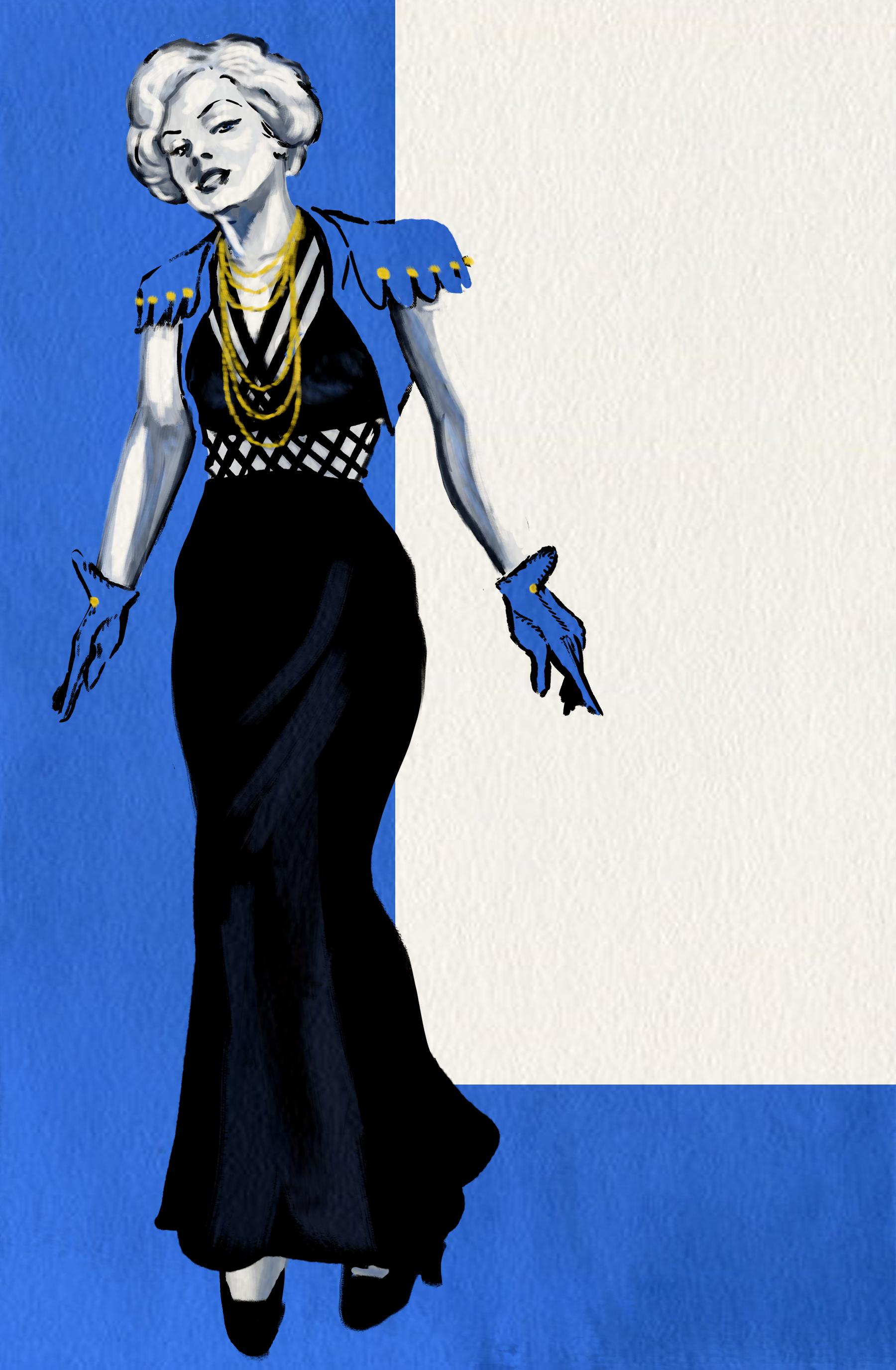 Digital painting resembling vintage fashion illustrations. A woman in a black dress with a cutout in the mid-section held together with cross-crossing straps. She's wearing a blue bolero jacket and blue gloves, and gold jewelry draped around her neck.

Her skin is white and the background is in blue and white.