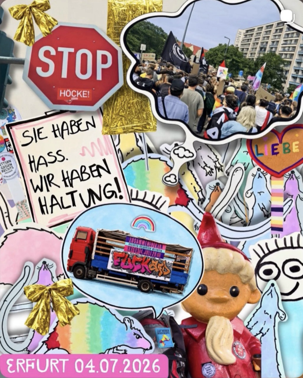 Das Bild zeigt eine Bildcollage auf der unter anderem ein Stoppschild mit Aufkleber „HÖCKE!“, ein Plakat „Sie haben Hass, wir haben Haltung!“, eine Gedankenblase mit einem Bild von der Demo und dem Sandmann.