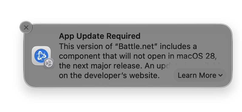A macOS notification states that Battle.net will not open in macOS 28.