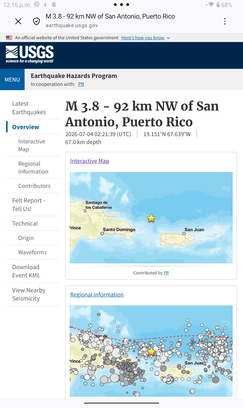 the USGS source showing “San Antonio” incorrectly, as one of the 78 municipalities of Puerto Rico. 

to properly label the location of the seismograph, it should say: 

M 3.8 - 92km NW of Poblado San Antonio in Aguadilla, Puerto Rico.