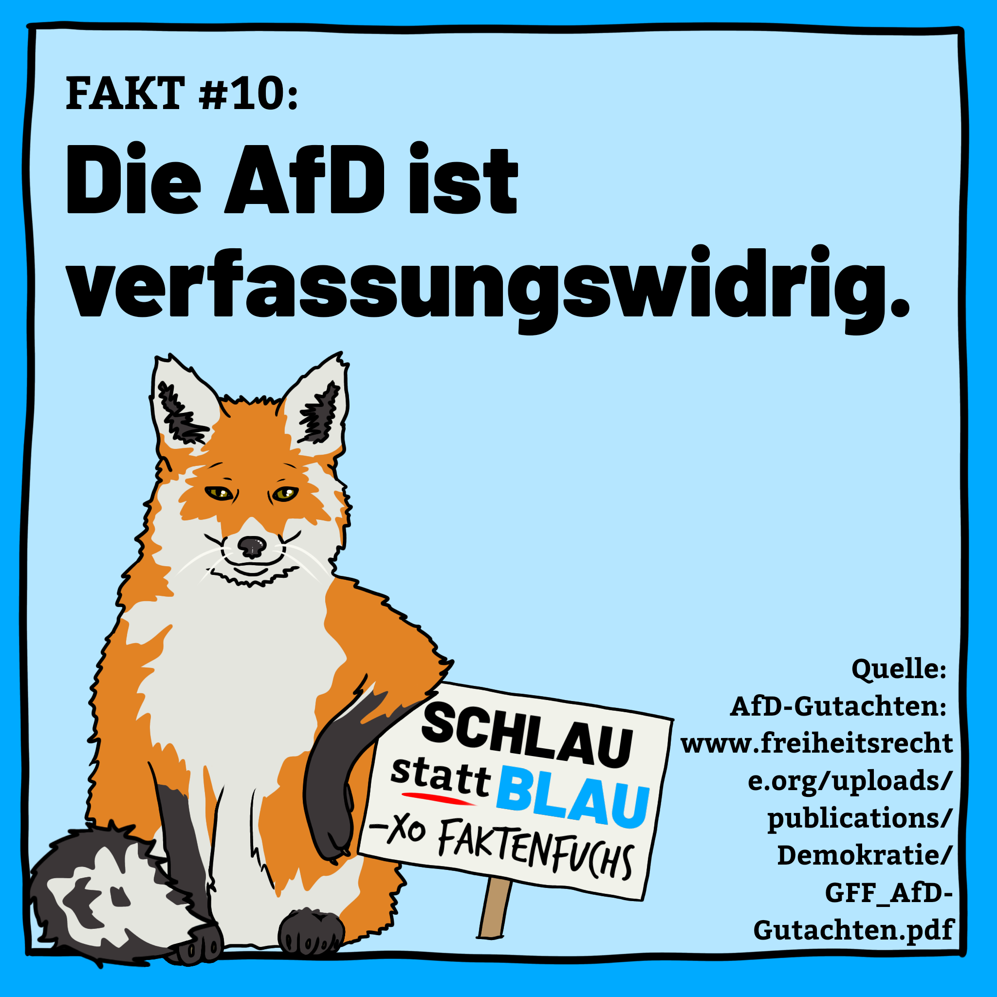 Illustration: Ein Fuchs lehnt an einem Schild, auf dem 'schlau statt blau! xo Faktenfuchs' steht.
Text: "Fakt #10: Die AfD ist verfassungswidrig."
Unten rechts steht "Quelle: AfD-Gutachten: www.freiheitsrechte.org/uploads/publications/Demokratie/GFF_AfD-Gutachten.pdf"