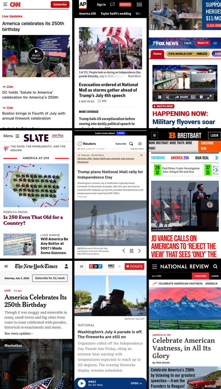A 3x3 grid of the mobile front pages of CNN, AP News, Fox News, Slate, Reuters, Breitbart, New York Times, NPR, and National Review. The screenshots were taken on July 4th, 2026, at about 7:31 PM ET.