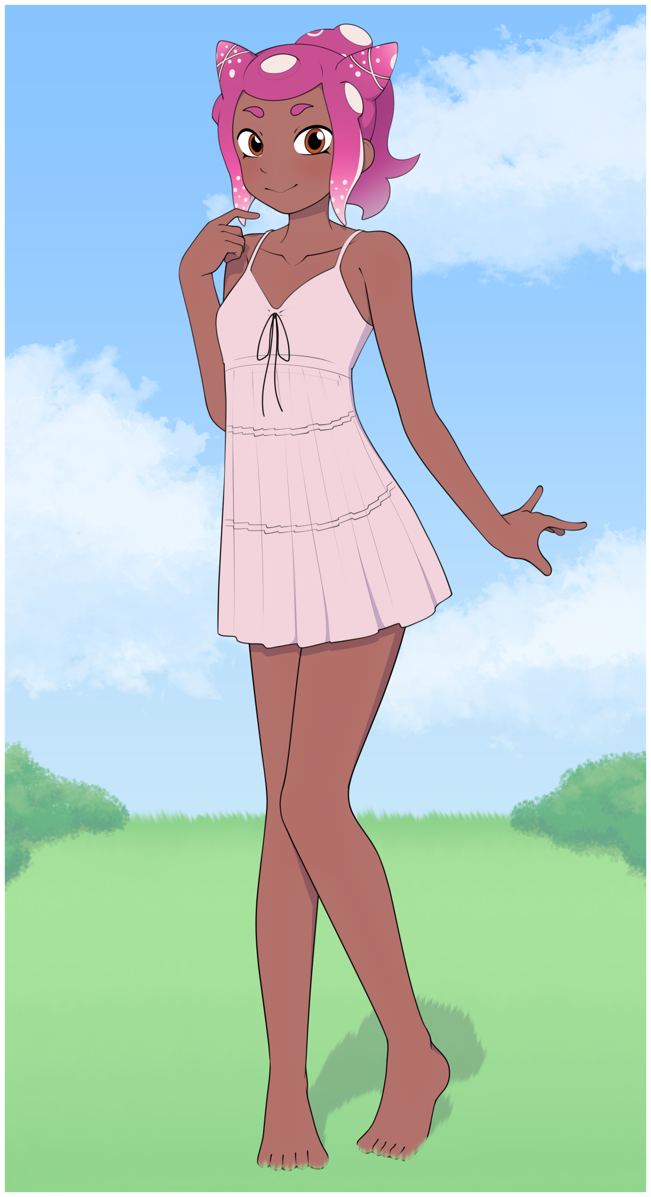 A cute octoling girl wearing a pink dress, standing in a grassy field.
