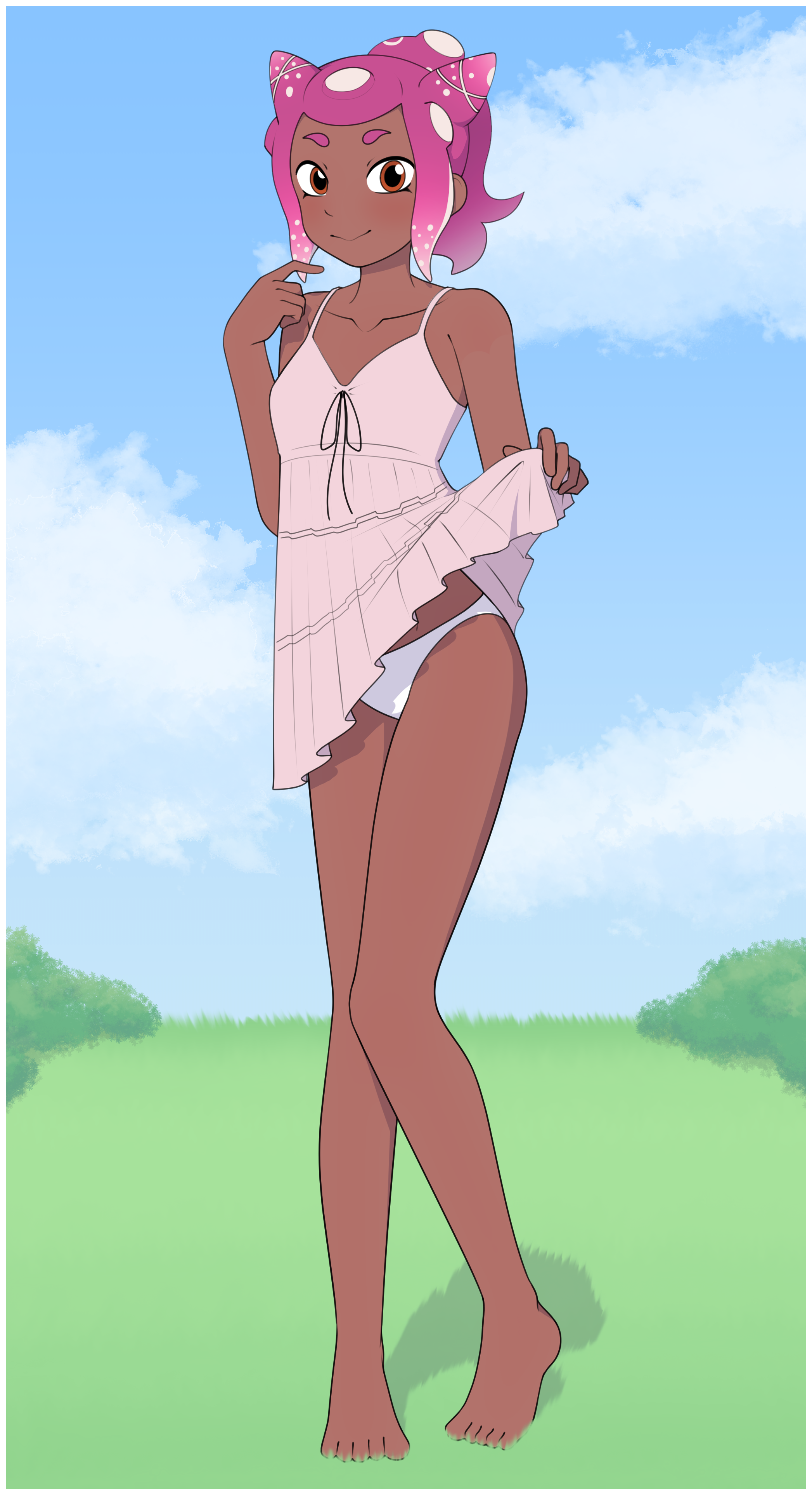 A cute octoling girl lifting her pink dress to show her panties while standing in a grassy field.