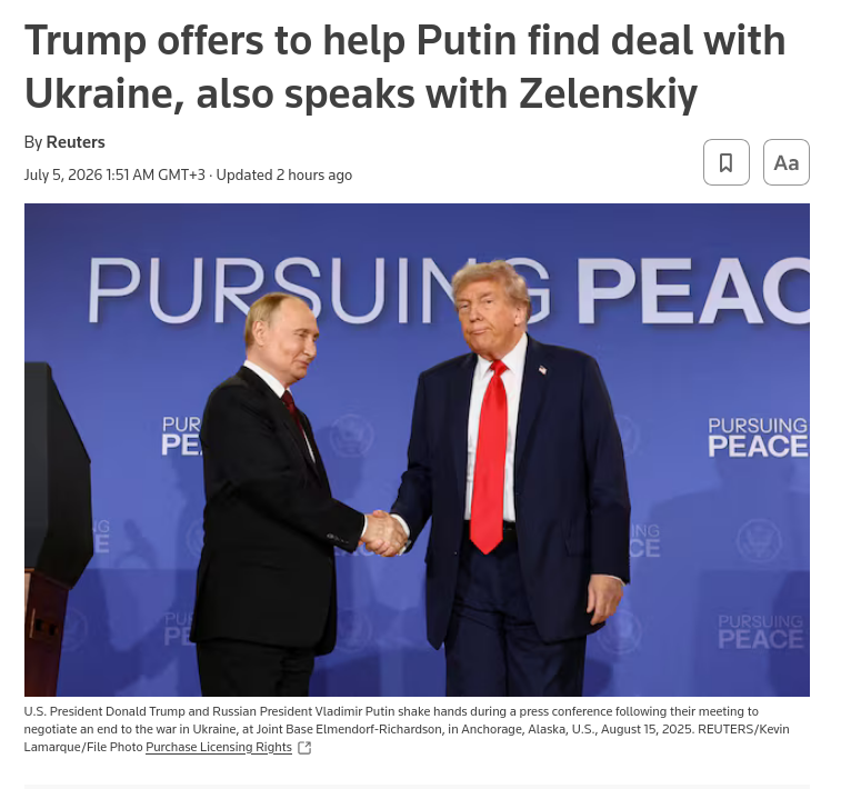 U.S. President Donald Trump, speaking to Russian leader Vladimir Putin by telephone for nearly 90 minutes, offered to help find a solution to the Ukraine war, Kremlin aide Yuri Ushakov said in comments made public early on Sunday. #Russia #US #Trump #Putin