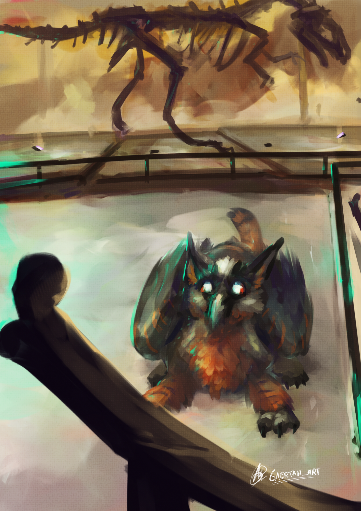 digital illustration in a painterly style depicting the inside of a dinosaur/bone museum,indoors. there is a skeleton on the back of the room, and, in the middle of it, a gryphon(a hybrid between bird and cat creature, but bearded vulture themed , which are vultures whose diet consist of bones) sitting on the floor, looking towards a bone that's placed near the foreground. The character is looking eagerly towards the bone with big open eyes.