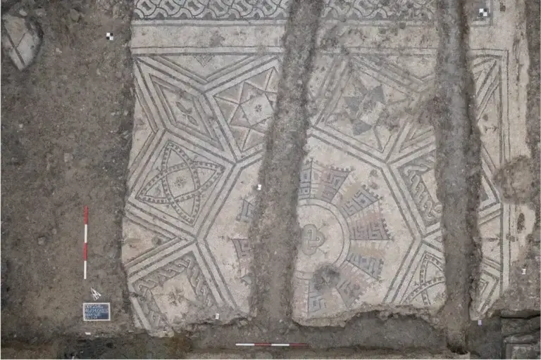 Polychrome mosaics with geometric and vegetal designs. Octagons with guilloche borders, overlapping circles adorned with acanthus leaves, ivy, pelta and lozenges with crosses in the middle.
📷ABAP Superintendence of Archaeology, Fine Arts, and Landscape for the Provinces of Padua, Treviso, and Belluno.