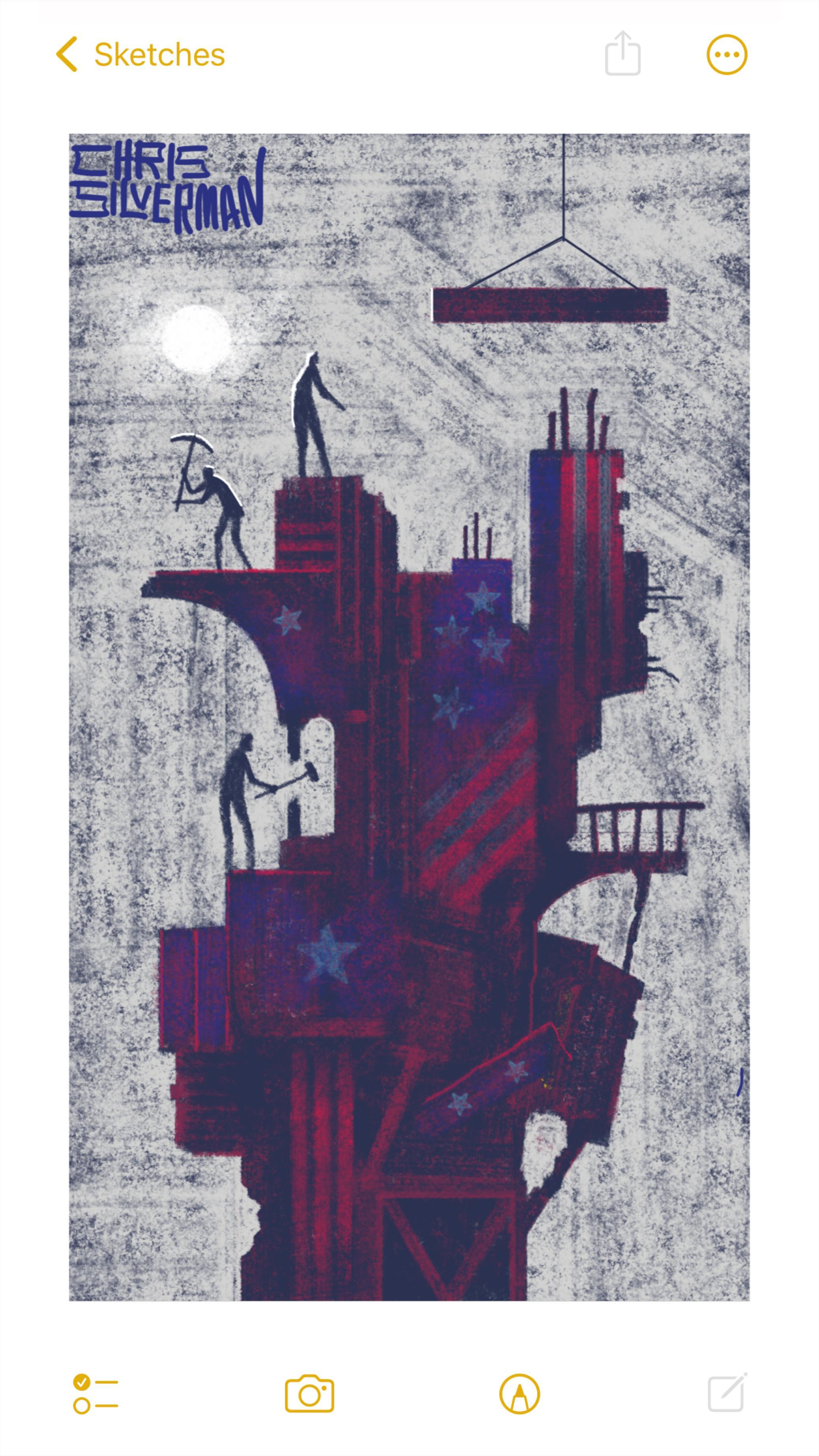 A chaotically assembled skyscraper stands against a gray sky. It looks more like a haphazardly connected pile of junk: arches, beams, odd bits that stick out. Most of it is covered in equally chaotic red, grayish-white, and blue markings: stars and stripes that look like those on a US flag. From above, a beam is being lowered down, and someone standing on the top of the building is directing its placement. Other figures standing on the building appear to be actively destroying it with hammers and picks. Somehow it is still standing, although where it's headed seems questionable. The painting is signed "Chris Silverman".
