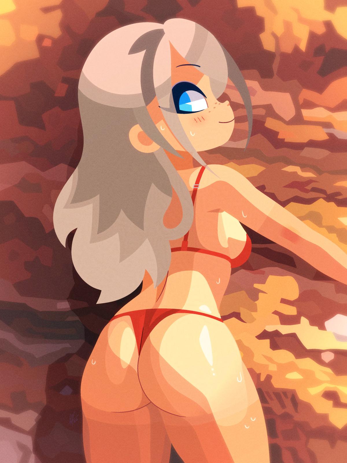 A drawing of Liliana Canistrelli wearing a bright red bikini, leaning against a rock wall with her back to the viewer.