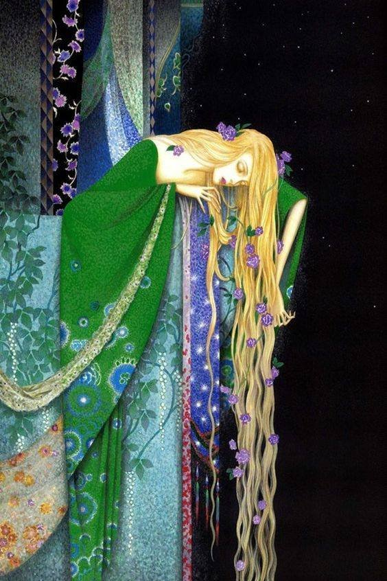 An elegant, stylized illustration of a woman with very long blonde hair leaning over a stone balustrade. She wears a flowing green gown with blue and gold patterned accents. Her hair cascades down into a black, starry void on the right, intertwined with purple flowers.