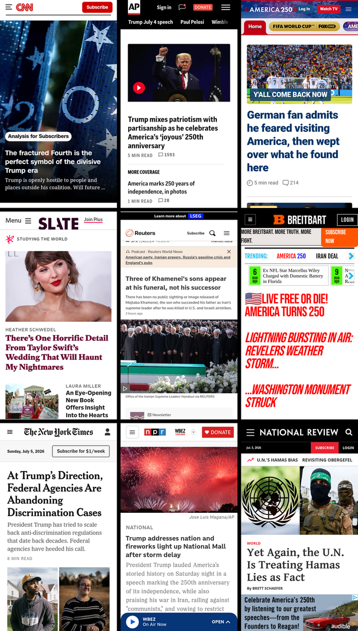 A 3x3 grid of the mobile front pages of CNN, AP News, Fox News, Slate, Reuters, Breitbart, New York Times, NPR, and National Review. The screenshots were taken on July 5th, 2026, at about 11:27 AM ET.