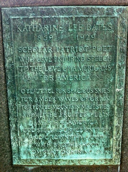 A photograph of the granite monument memorializing Katharine Lee Bates in the Boston Fens. Credit: Alecia Batson