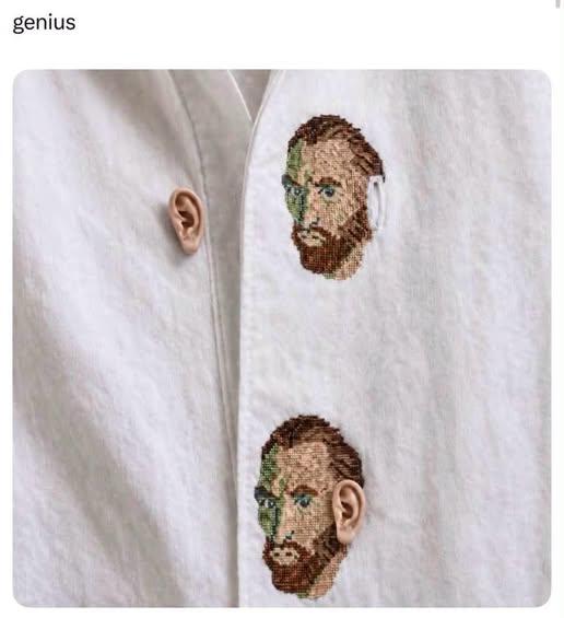 Ein helles Hemd mit einem Muster auf der Knopfleiste, das den Kopf von Vincent van Gogh in Serie zeigt. Der Knopf auf der anderen Seite des Hemdes hat jeweils die Form eines Ohrs.