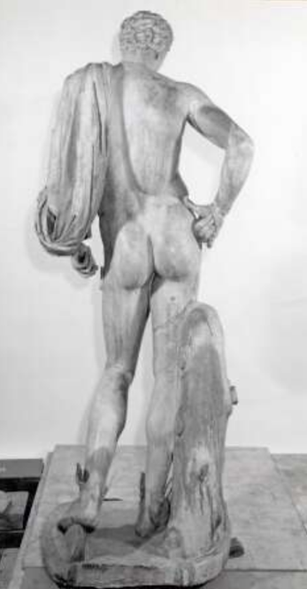 Marble statue of Hermes wearing small chlamys and winged sandals; caduceus in left hand; left hand and much of legs restored. The statue is a 1st century CE Roman copy of a famous type created in the school of the Greek sculptor Praxiteles in the fourth century BCE.

Together with a statue of Apollo, this sculpture once framed the central doorway of the gallery in the Palazzo Farnese in Rome.