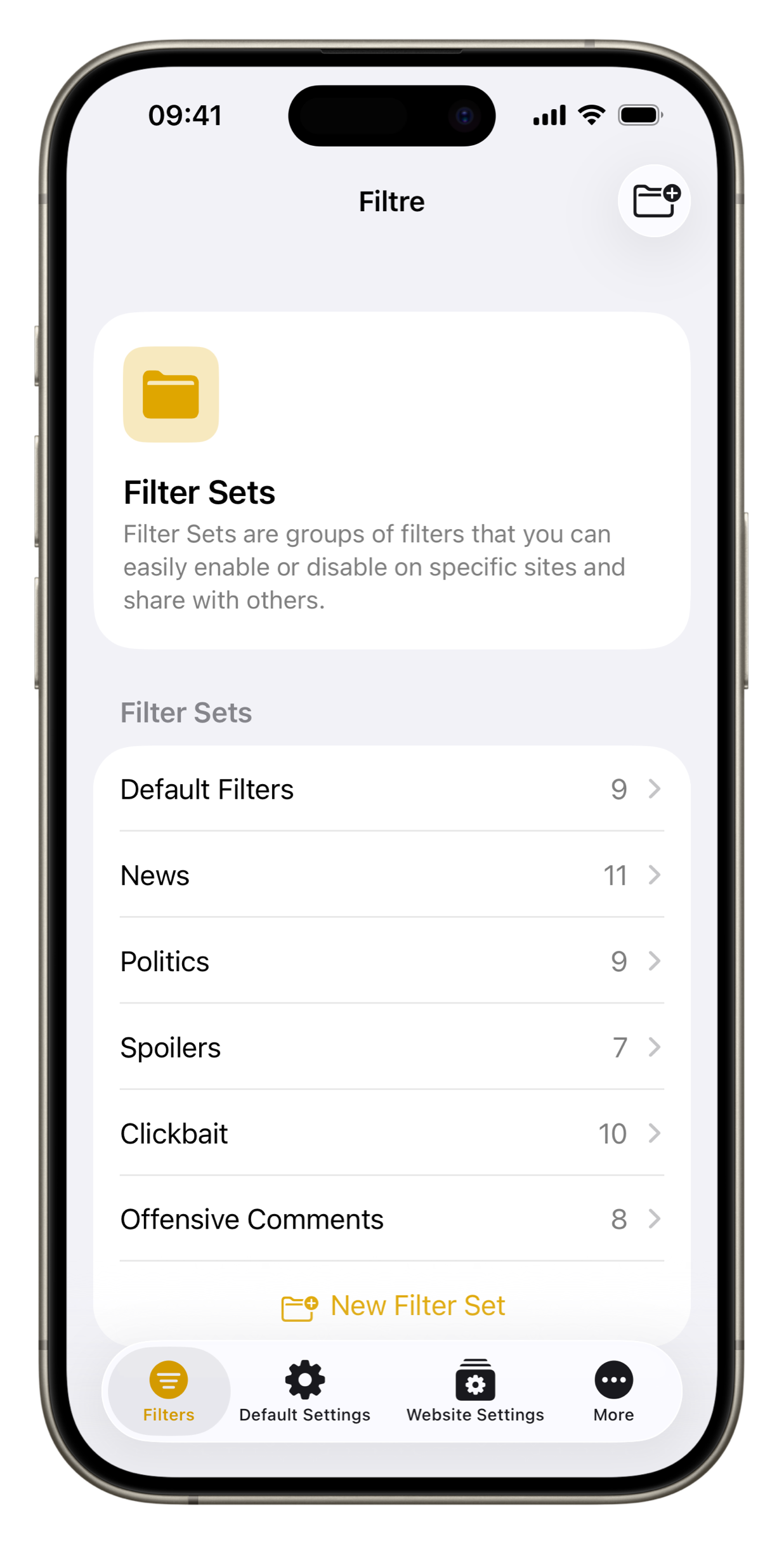 A screenshot of the Filtre app, showing the 'Filters' tab. The header reads 'Filter Sets are groups of filters that you can easily enable or disable on specific sites and share with others'. Below is a list of filter sets, including 'Default Filters', 'News', 'Politics', and 'Spoilers'.