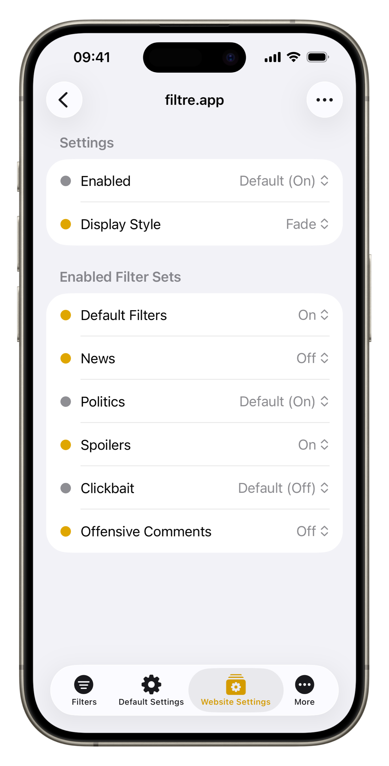 A screenshot of the Filtre app, showing the 'Website Settings' tab. Various settings for the 'filtre.app' website are shown, including 'Enabled', 'Display Style', and toggles for 'Enabled Filter Sets'.
