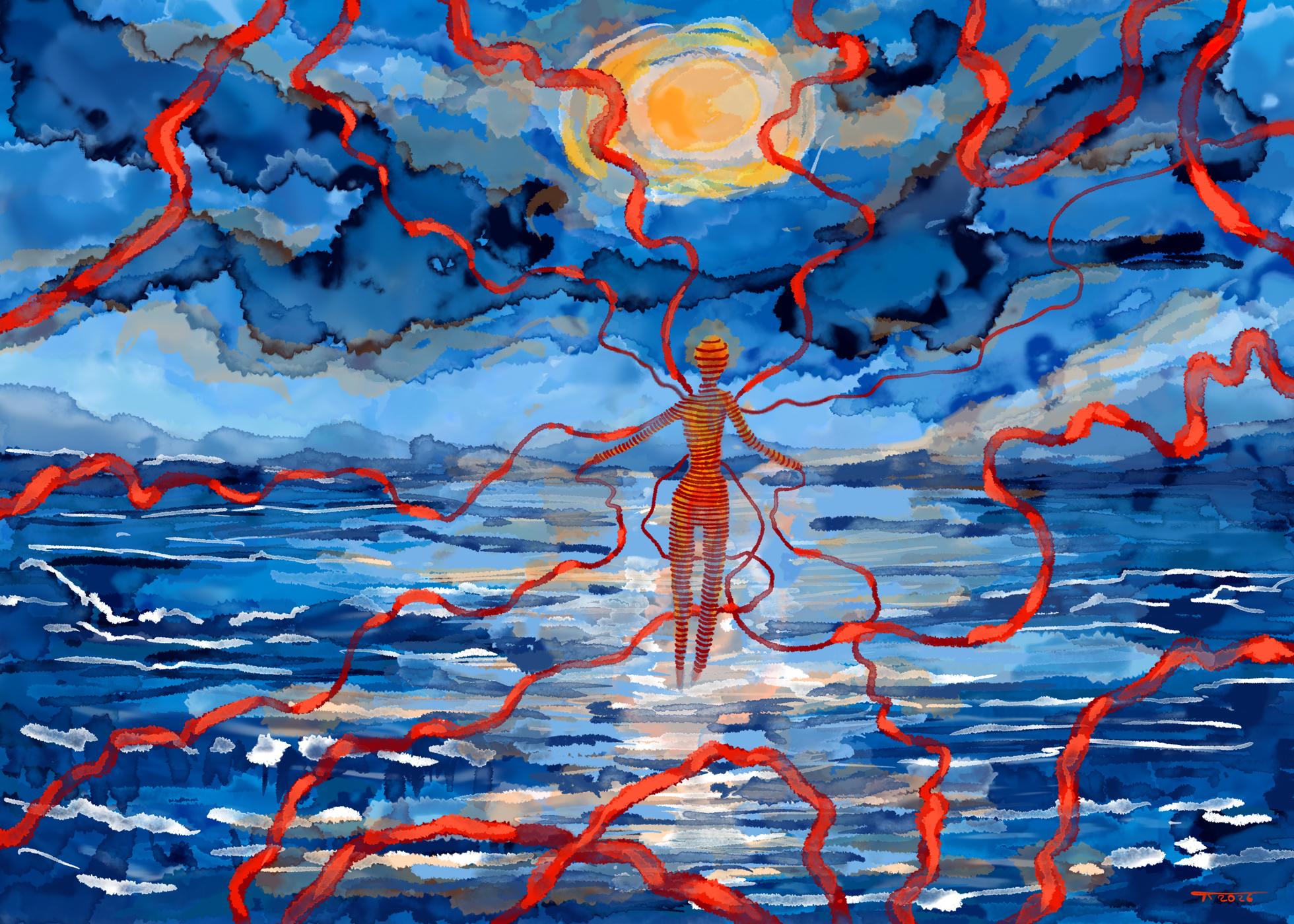 Digitales Gemälde einer roten Gestalt, die über dem Meer schwebt. Die Gestalt ist orange-rot und hat rote Streifen, die wie Bänder aussehen. Von der Gestalt aus gehen rote Seile kreuz und quer wild über das gesamte Bild. Hinter der Gestalt geht am Himmel die Sonne unter. Sehr farbenfroher und lebhafter, eher befrohlicher Stil.