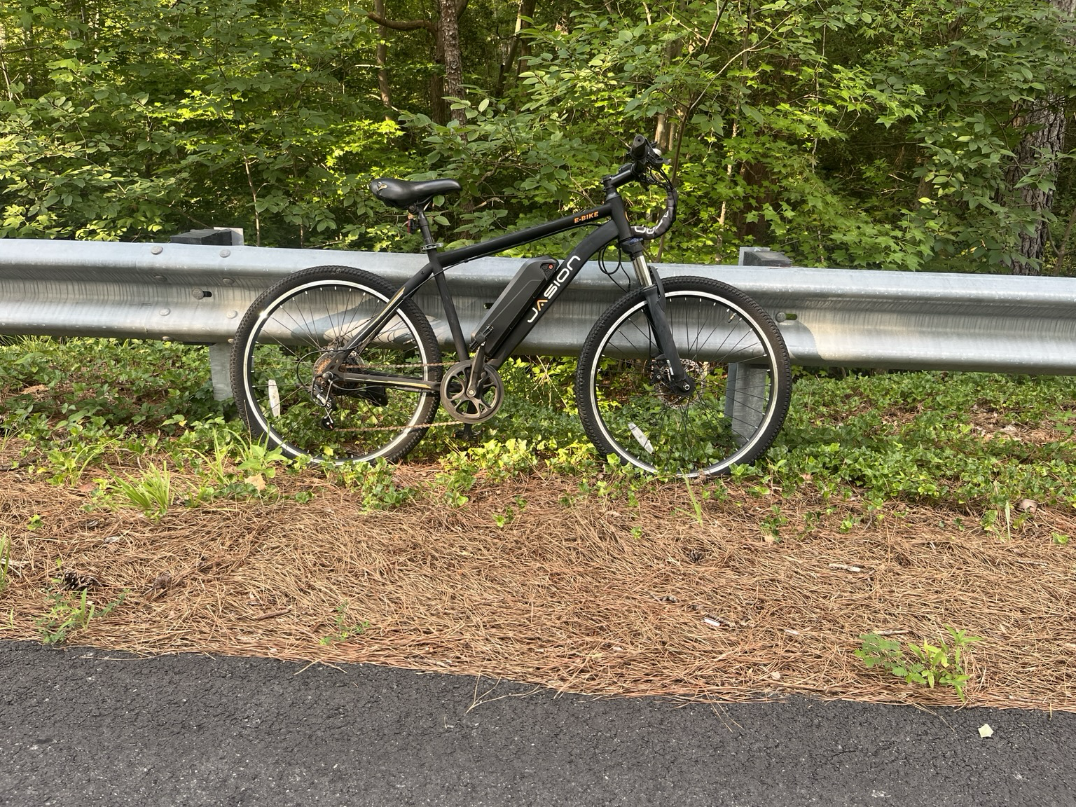 Black aluminum hard tail e-bike leaning against a guard rail beside a road way. Behind is a ravine with leaf covered trees.