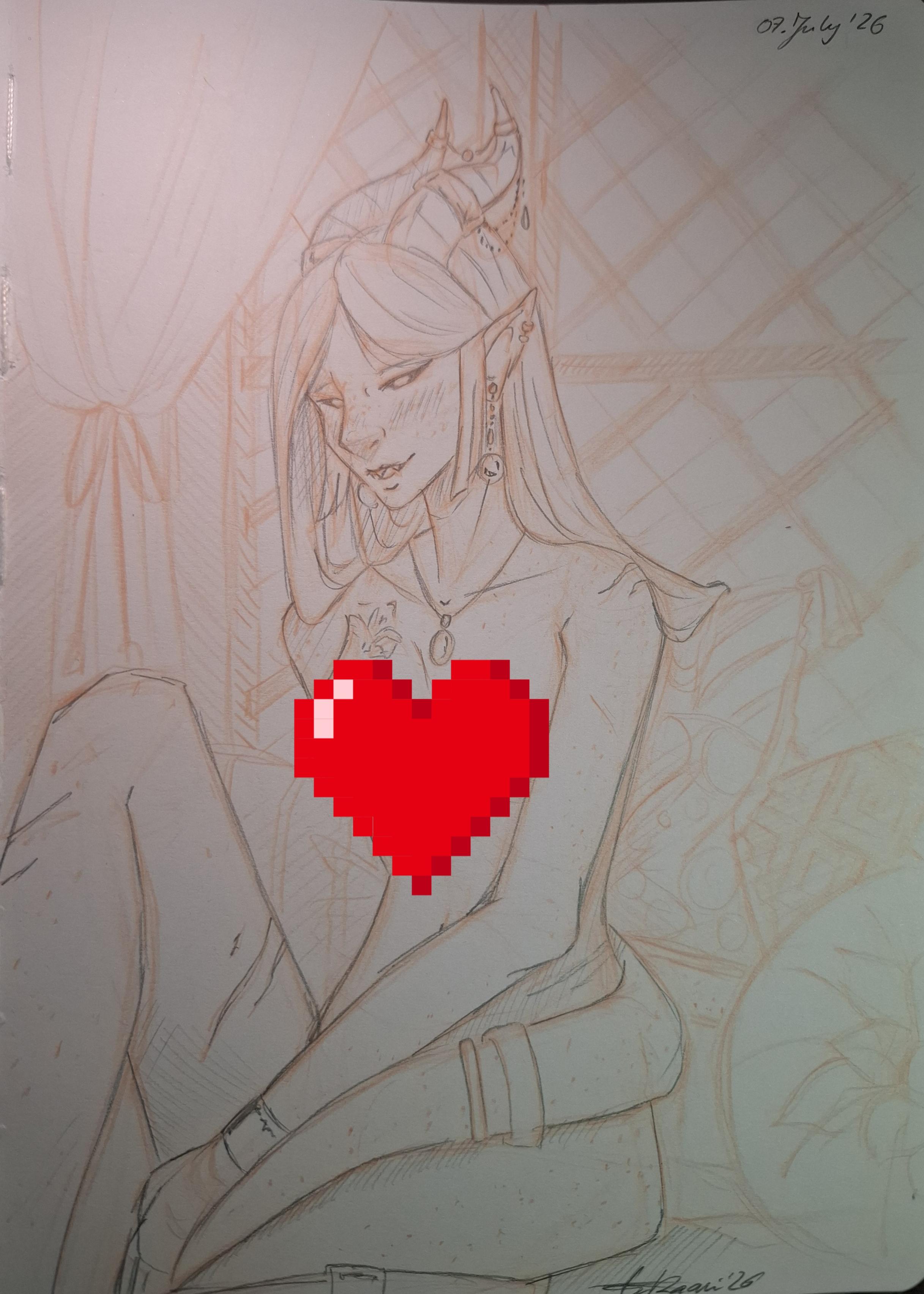 A traditional pencil sketch on paper depicting a seated, female tiefling character.  The drawing uses a mix of grey graphite and light reddish-orange pencil. 

The character has pointed elven ears adorned with multiple dangling and stud earrings, and small horns curving back from the crown of her head. She has long, straight hair framing a delicate face with freckles across her nose and cheeks. Her eyes are half-closed in a relaxed expression, and she wears a subtle smirk that reveals tiny, pointed fangs. 

She is drawn nude, leaning forward slightly with her right knee drawn towards her chest, her left arm resting across her left leg, which is wrapped in her tail. 
A prominent, bright red, 8-bit style pixelated heart has been added over the centre of the image, censoring her chest area. Despite the censorship, visible details include a faint floral tattoo on her upper right chest, a simple oval pendant necklace, and a band bracelet on her left wrist. Her skin is lightly stippled, suggesting freckles.

The background is loosely sketched, suggesting an interior setting. There is a tied-back draped curtain on the left, a diamond-patterned lattice window behind her, and the faint outlines of cushions to the right. Handwritten text in the top right corner reads "07. July '26", and an artist's signature "tikaani'26" is visible in the bottom right corner.