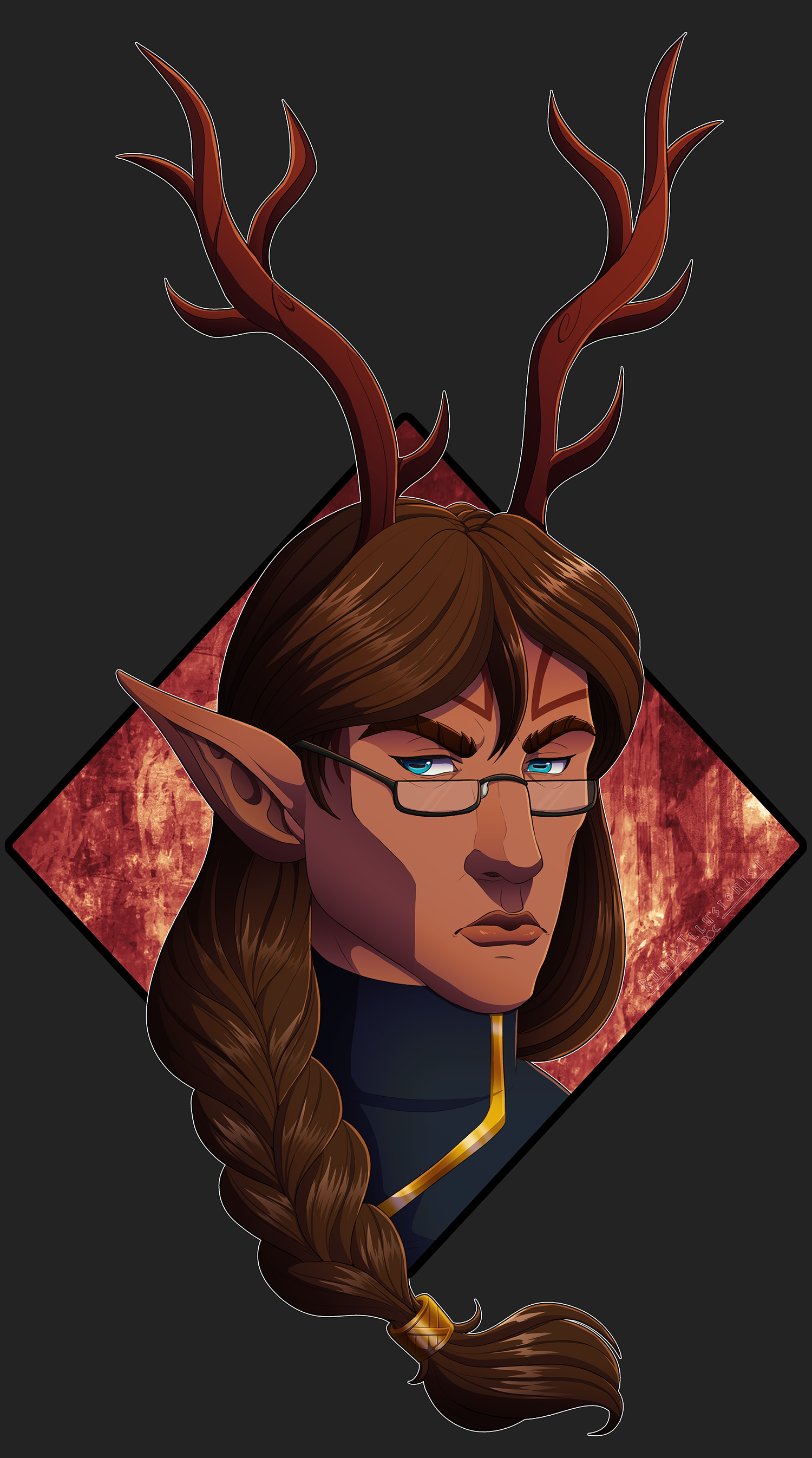 A bust of a humanoid character with pointed ears. He has long brown hair that is in a braid, and held by a golden clasp. He is wearing a navy blue outfit with a golden trim on it. He is wearing glasses. He has antlers on his heads, and his eyes are blue with horizontal long pupils.