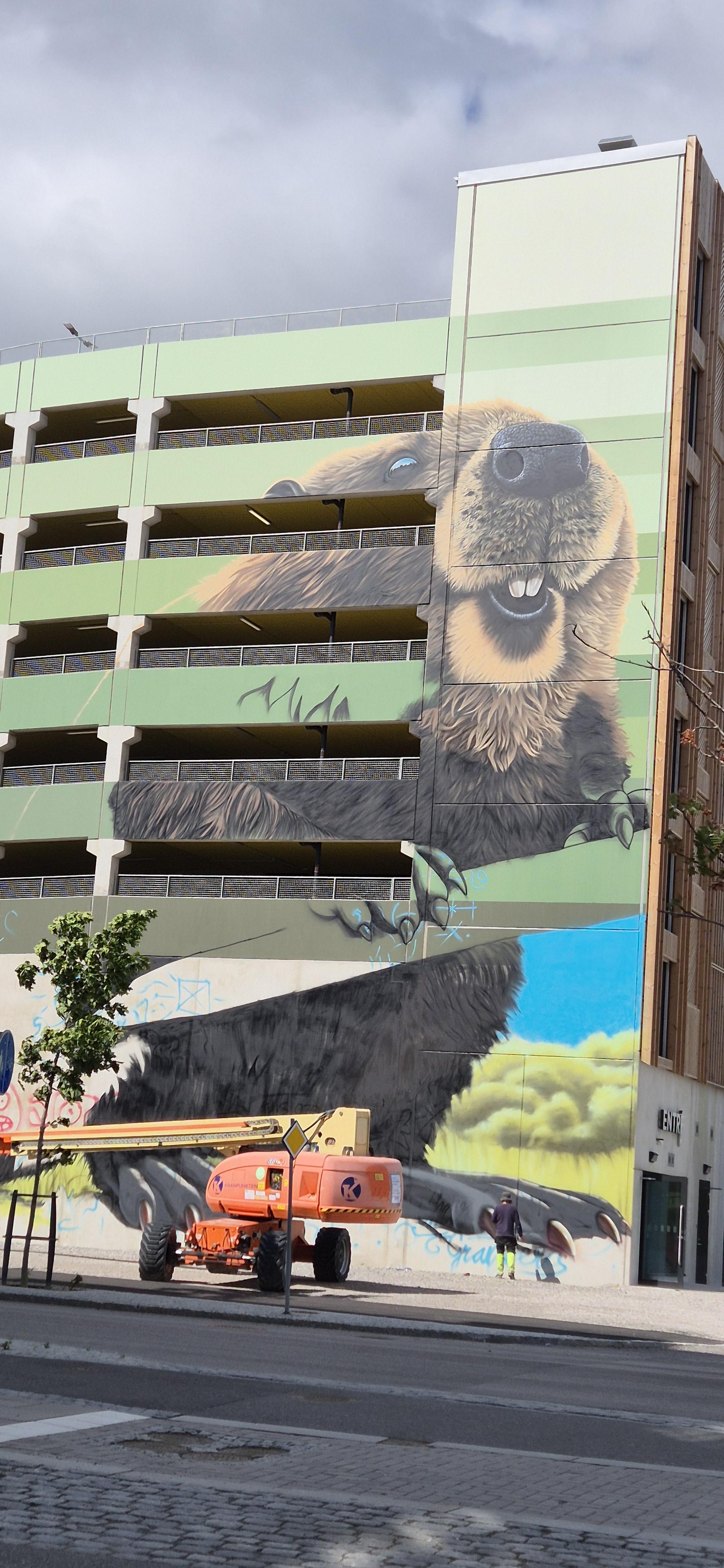 Partly finished spray-painted mural of a giant beaver covering about half the length of a multi-storey parking lot. Artist at work at street level, currently not using the lift crane.