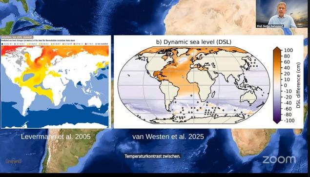 Screenshot einer Zoom-Präsentation zeigt mehrere wissenschaftliche Karten über Satellitenbildern der Erde. Links befindet sich eine Karte mit dem Titel „REGIONAL SEA LEVEL CHANGES...“ und dem Text „Levermann et al. 20 2005“, die farbige Flächen in Gelb, Orange und Rot über den Ozeanen darstellt. Die zentrale Karte trägt den Titel „b) Dynamic sea level (DSL)“ und zeigt eine Farbskala für „DSL difference (cm)“ von -100 bis 100. In der oberen rechten Ecke ist ein kleines Videofenster einer Person …