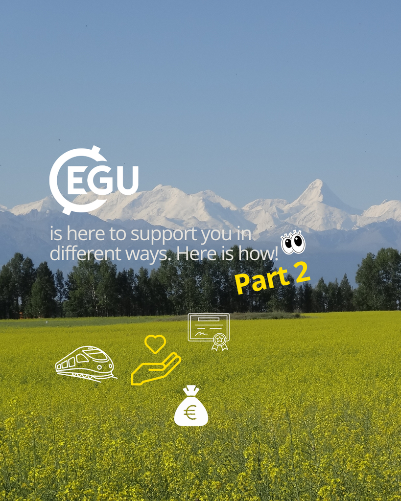 Image description: yellow field with mountains in the background. Text reads:'' egu is here to support you in different ways. Here is how!''