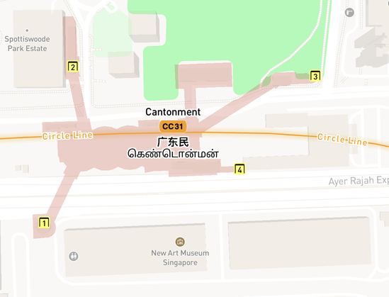Map view of Cantonment MRT station on Singapore’s Circle Line, with nearby landmarks including New Art Museum Singapore and Spottiswoode Park Estate.
