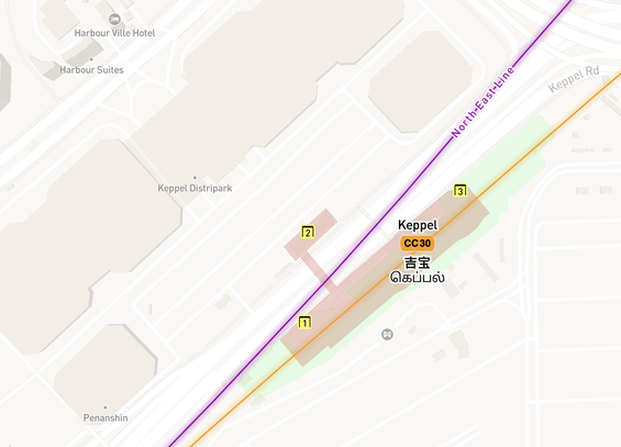 Map showing Keppel MRT station area with colored transit lines and nearby landmarks.