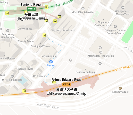 Transit map of the Tanjong Pagar and Prince Edward Road area in Singapore, showing station markers, streets, and a 5-minute walking route.
