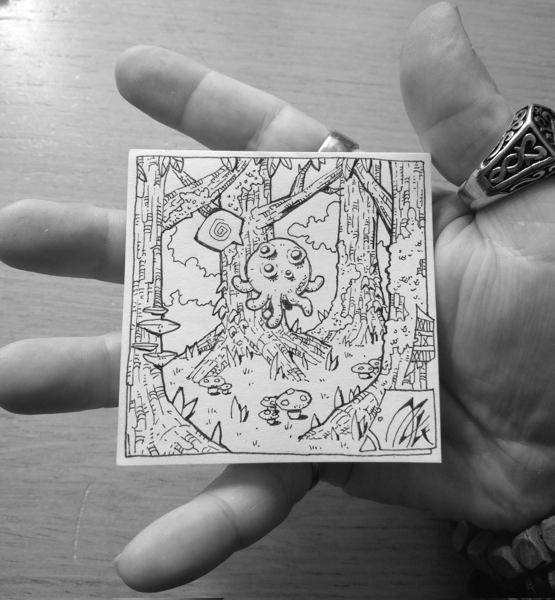 Dessin sur post-it d'une petite créature ronde et tentaculaire aux multiples yeux flottant au milieu d'arbres, une bulle de dialogue contenant une spirale pointe vers elle