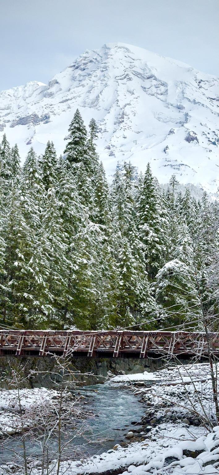 A snowy mountain peak towers over a forest of evergreens, with a wooden bridge spanning a flowing river below. The landscape is wintery, with fresh snow covering trees and rocks.