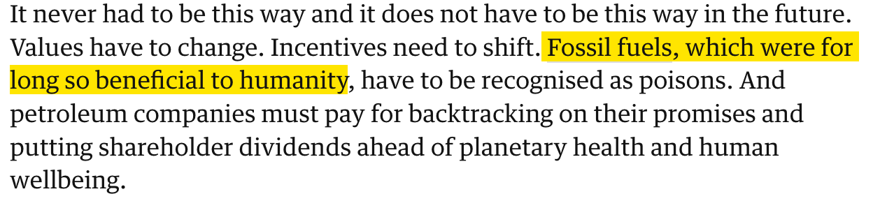 "Yes, the projects currently being launched by oil and gas companies defy all logic—except, that is, for the logic of short-term profit that is biocidal and deadly.
It is high time we questioned our understanding of progress. Thus, contrary to the article's claim (though it is merely a "commentary" rather than a central point), I would argue that oil is not—and has never been—a boon to humanity. No more than a drug can be a boon to an individual, let's say..." extract from article