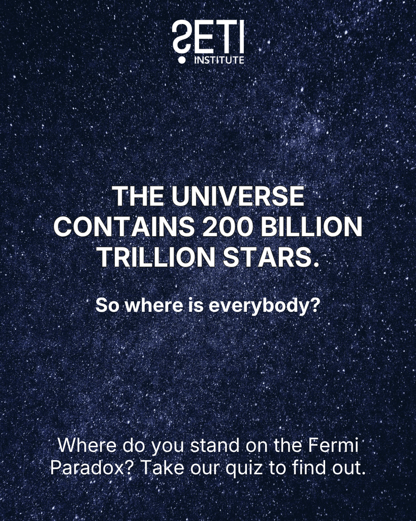 SETI Institute logo. Background: A thick patch of starry sky. Text: The Universe contains 200 billion trillion stars. So where is everybody? Where do you stand on the Fermi Paradox? Take our quiz to find out.